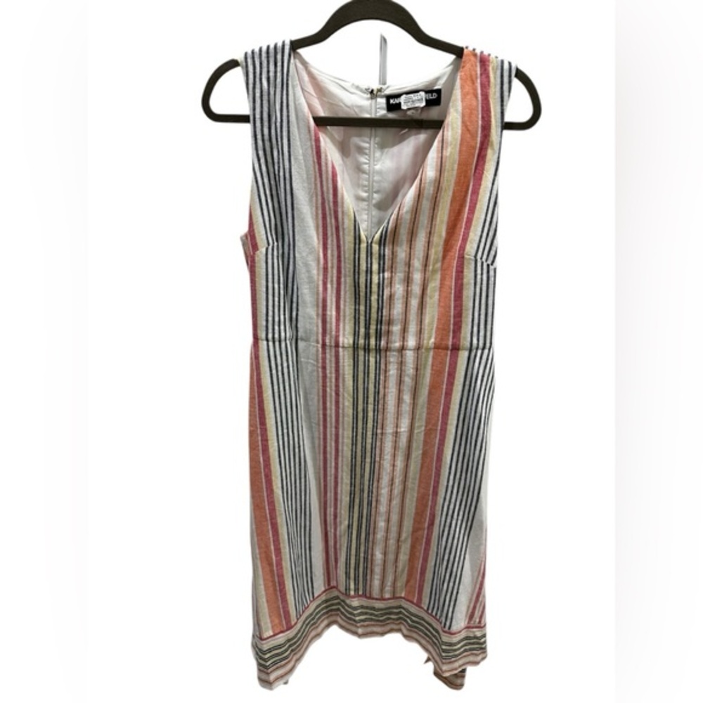 KARL LAGERFELD PARIS Striped Linen-Blend Flare Dress- no belt - Picture 1 of 7